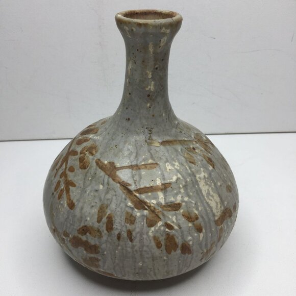 Vintage 1977 Handcrafted Ceramic Pottery Vase Leaf Motif By Jasmin Leaves Brown - Picture 2 of 8